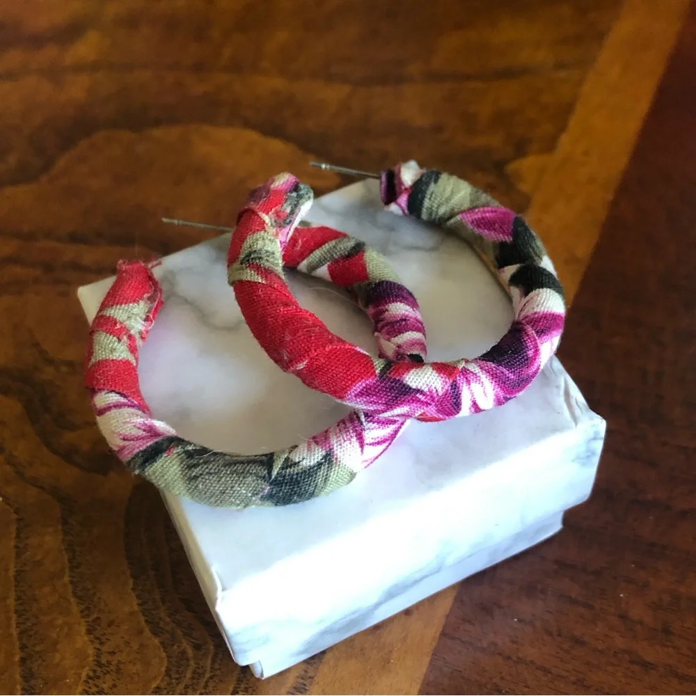 Hand crafted fabric covered hoop earrings